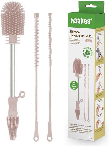 Haakaa Silicone Cleaning Brush Kit – Household Cleaning Brushes for Bottles and Crevices – Food-Grade Silicone: Dishwasher Safe (Brush-Blush)