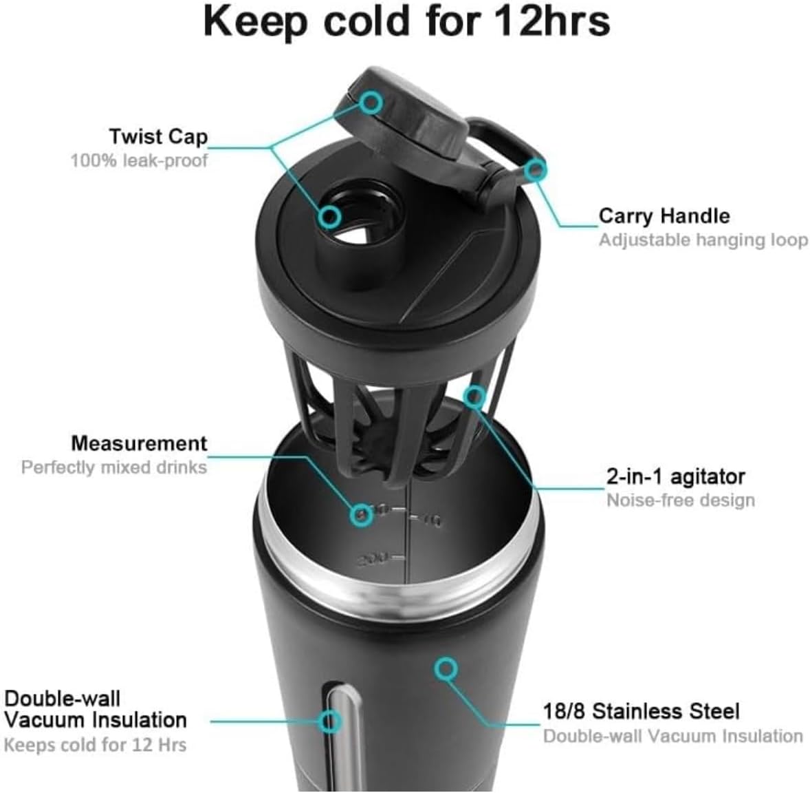 24oz Insulated Stainless Steel Protein Shaker Bottle with Extra Powder Storage, BPA-Free & Leakproof Shaker Cup, Removable Silent Mixing Strainer