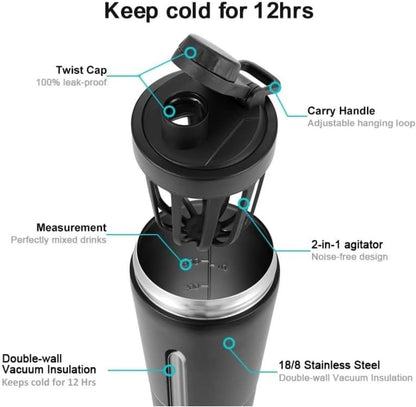 24oz Insulated Stainless Steel Protein Shaker Bottle with Extra Powder Storage, BPA-Free & Leakproof Shaker Cup, Removable Silent Mixing Strainer