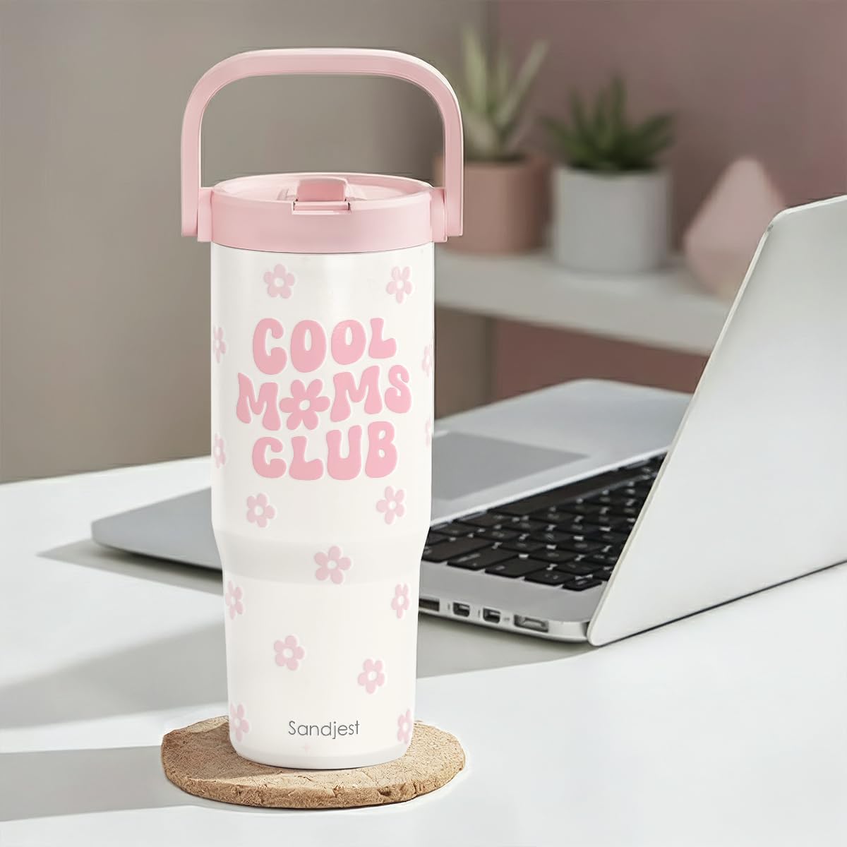 SANDJEST Leopard Skin Stainless Steel Straw Lid Tumbler 30oz with Carry Handle for Women Girls, Insulated Travel Coffee Cup, Gift for Sports Outdoor Workout Christmas Birthday (Beige)