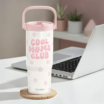 SANDJEST Leopard Skin Stainless Steel Straw Lid Tumbler 30oz with Carry Handle for Women Girls, Insulated Travel Coffee Cup, Gift for Sports Outdoor Workout Christmas Birthday (Beige)