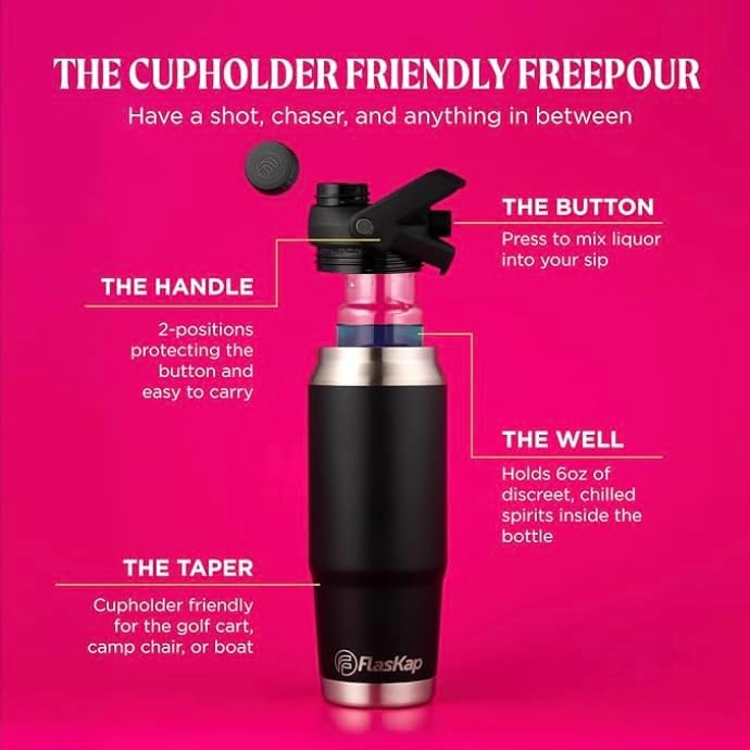 Flaskap FreePour System: 6oz Mixed Drink Tumbler Attachment and 26oz Cup Holder Friendly, Stainless Steel Water Bottle, Removable Hidden Flask Reservoir