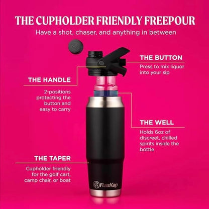 Flaskap FreePour System: 6oz Mixed Drink Tumbler Attachment and 26oz Cup Holder Friendly, Stainless Steel Water Bottle, Removable Hidden Flask Reservoir