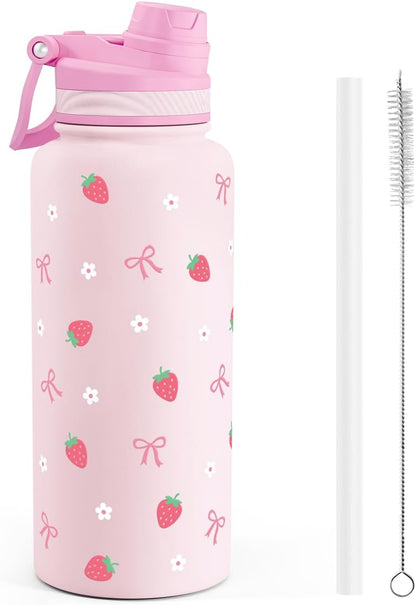 SANDJEST Pickleball Stainless Steel Water Bottle with Strap 32oz, Insulated Bottles with Straw and Spout Lid for Gym Sports Travel Outdoor, Gifts for Women Girls Birthday Christmas