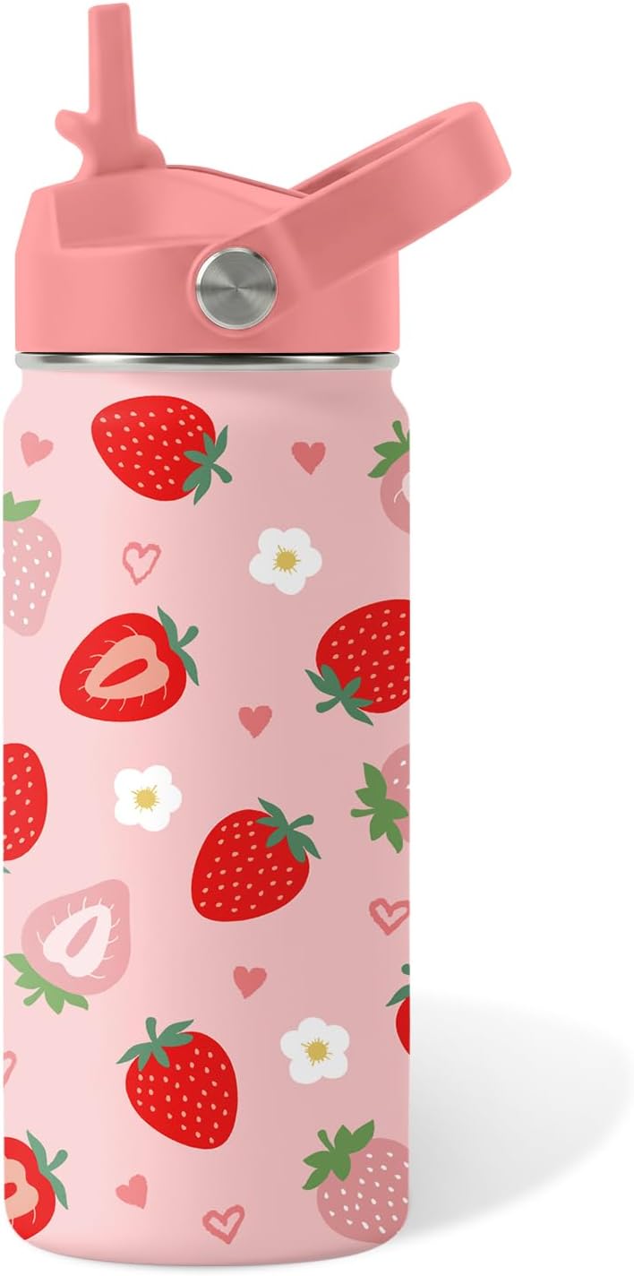 Strawberry Gifts for Kids - 16oz Pink Kids Water Bottle with Straw Lid, Stainless Steel Insulated Water Bottle, Leakproof, BPA-Free, for Girls, School, Strawberry Lover Children Birthday Gift Cup(1pc)