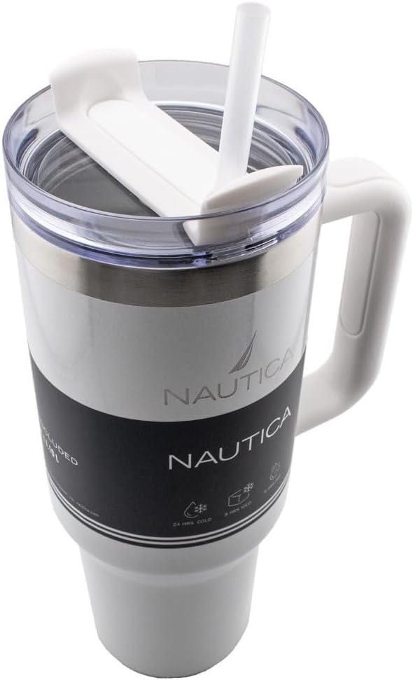 Nautica 40oz Insulated Tumbler with Handle and Straw, Stainless Steel Double Wall Vacuum Travel Mug, Leak-Resistant 3-Way Lid, Keeps Cold for 24 Hours, Fits Car Cup Holders (NAVY)