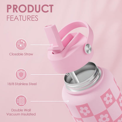 SANDJEST Pickleball Gift for Women, Water Bottle Stainless Steel 32oz with Lid & Straw, Sport Insulated Bottles Gifts for Girls Friends Teens Birthday Christmas