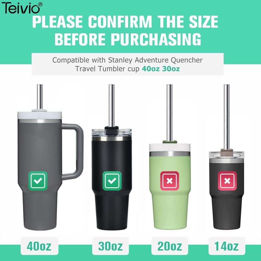Teivio 8 Piece 5/16 inch (8mm) Wide Stainless Steel Straws for 40 oz Tumbler with Handle, 12 Inch Long Reusable Metal Drinking Straws, Replacement Straws with Silicone Tips & Cleaning Brush, Silver
