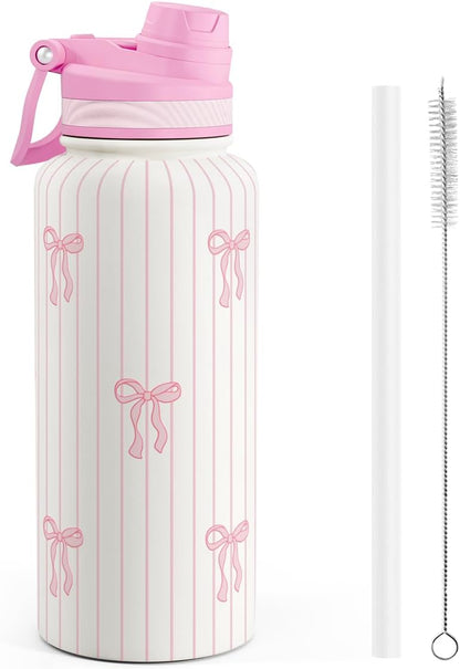 SANDJEST Pickleball Stainless Steel Water Bottle with Strap 32oz, Insulated Bottles with Straw and Spout Lid for Gym Sports Travel Outdoor, Gifts for Women Girls Birthday Christmas