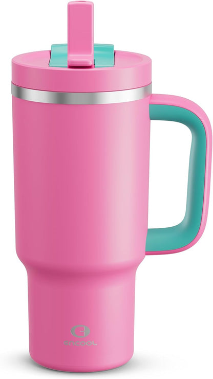 40 oz Tumbler with Handle and Straw: Stainless Steel Insulated Tumbler Keeps Cold for 24 Hours, Leakproof Travel Cup Fits in Cup Holder and BPA-Free, Cotton Candy