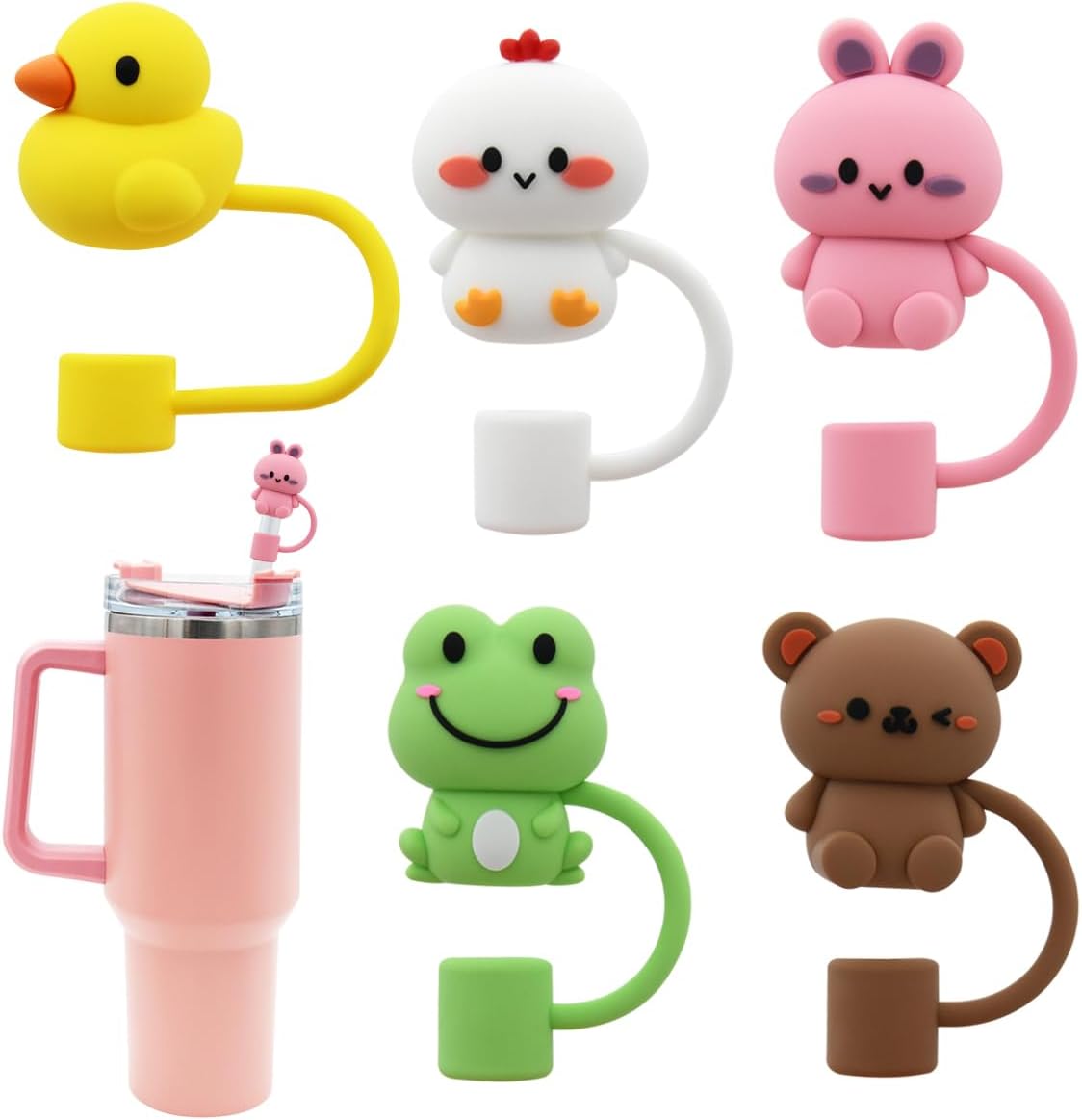 Straw Cover Cap for Stanley Cup,Silicone Straw Topper Compatible with 30&40 Oz Tumbler with Handle,10mm 0.4in Dust-Proof Reusable Straw Tips Lids (5Pcs Straw Cover Animal shape)