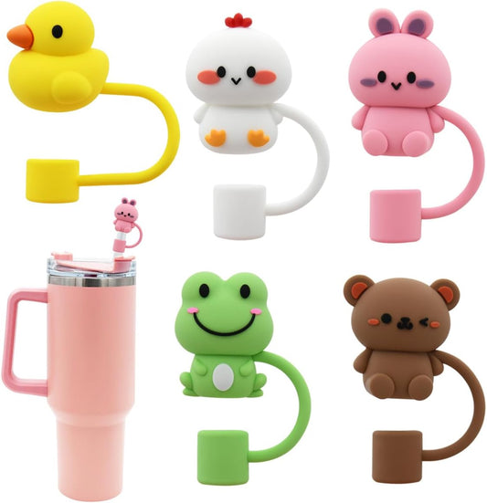 Straw Cover Cap for Stanley Cup,Silicone Straw Topper Compatible with 30&40 Oz Tumbler with Handle,10mm 0.4in Dust-Proof Reusable Straw Tips Lids (5Pcs Straw Cover Animal shape)