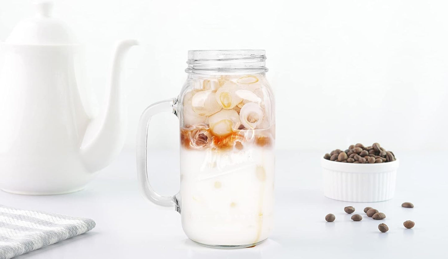 ANOTION Mason Jar Iced Coffee Cup with Lid and Straw, 24oz Regular Mouth Mason Jars with Handle Glass Coffee Drinking Glasses Tumbler Reusable Cups Bottles for Iced Coffee Cups for Travel Office Home