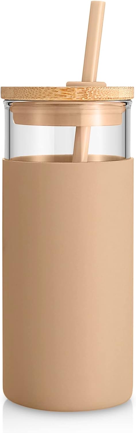 Tronco 20 oz Glass Tumbler with Lid and Straw, Iced Coffee Cup and Smoothie Cup with Bamboo Lids & Protective Silicone Sleeve, Dishwasher Safe, BPA-Free, Glass Cup 1 Pack - Colors A