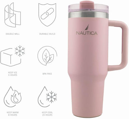 Nautica 40oz Insulated Tumbler with Handle and Straw, Stainless Steel Double Wall Vacuum Travel Mug, Leak-Resistant 3-Way Lid, Keeps Cold for 24 Hours, Fits Car Cup Holders (NAVY)