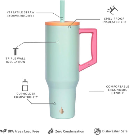 Elemental 32 oz 100% Leak Proof Tumbler with Handle & Straw - Stainless Steel Double Wall Insulated Tumbler for Hot and Cold Beverages - Travel Coffee Mug with Sip & Straw Lid - White - Colors A