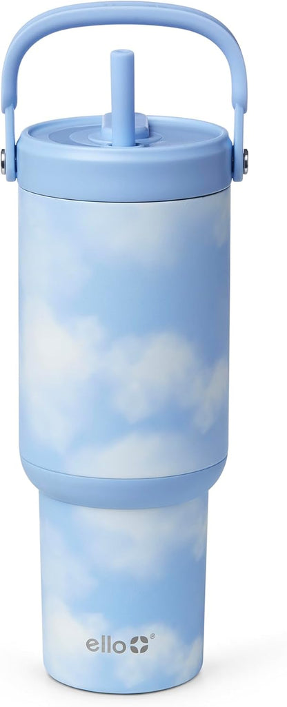 Ello Oasis Go+ 26oz Tumbler with Top Handle and Retracting Straw | Reusable Insulated Stainless Steel Cup, 100% Leakproof Water Bottle, 24 Hours Cold, Cup Holder Friendly For Travel | Wild Rasberry