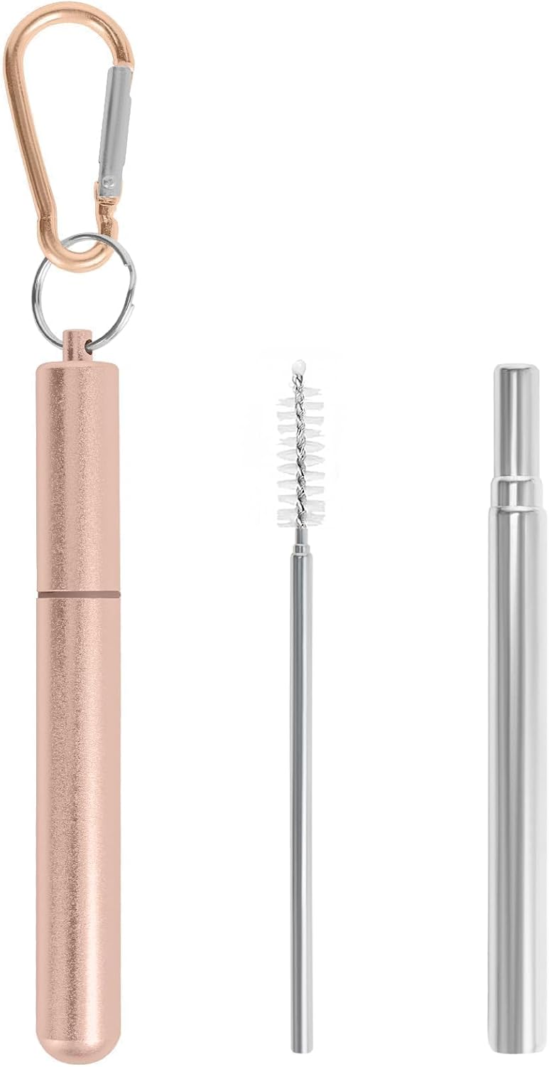 Collapsible Stainless Steel Drinking Straws with Aluminum Case, Cleaning Brush, and Keychains（Black+Silver）