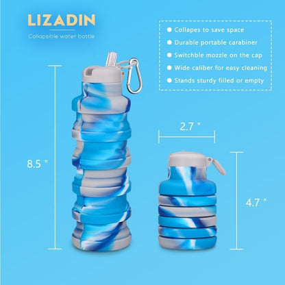 Collapsible water bottles 2 Pack with brush,BPA Free Travel Silicone Water Bottle with Carabiner,Reusable Foldable Portable Lightweight Sports bottles for Gym Camping Hiking (Black+Aqua blue)
