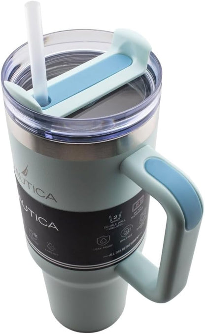 Nautica 40oz Insulated Tumbler with Handle and Straw, Stainless Steel Double Wall Vacuum Travel Mug, Leak-Resistant 3-Way Lid, Keeps Cold for 24 Hours, Fits Car Cup Holders (NAVY)