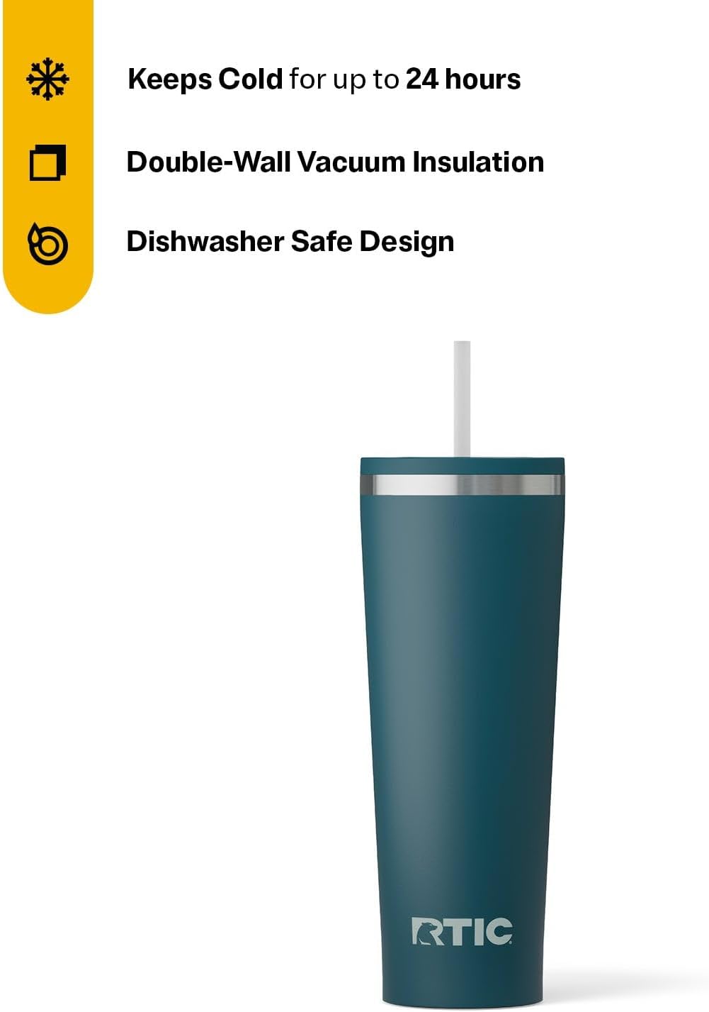 RTIC 20oz Everyday Tumbler Insulated Stainless Steel Portable Travel Coffee Cup with Straw, Ceramic Lining, Spill-Resistant Lid, BPA-Free, Hot and Cold Drink, Beach