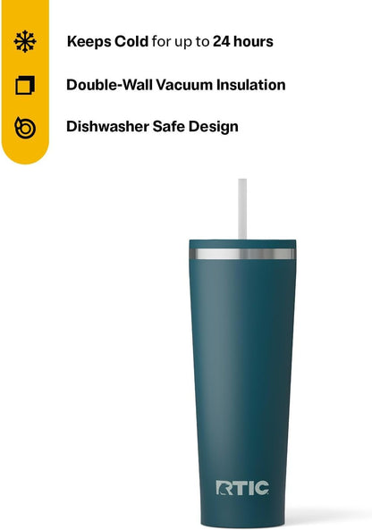RTIC 20oz Everyday Tumbler Insulated Stainless Steel Portable Travel Coffee Cup with Straw, Ceramic Lining, Spill-Resistant Lid, BPA-Free, Hot and Cold Drink, Beach