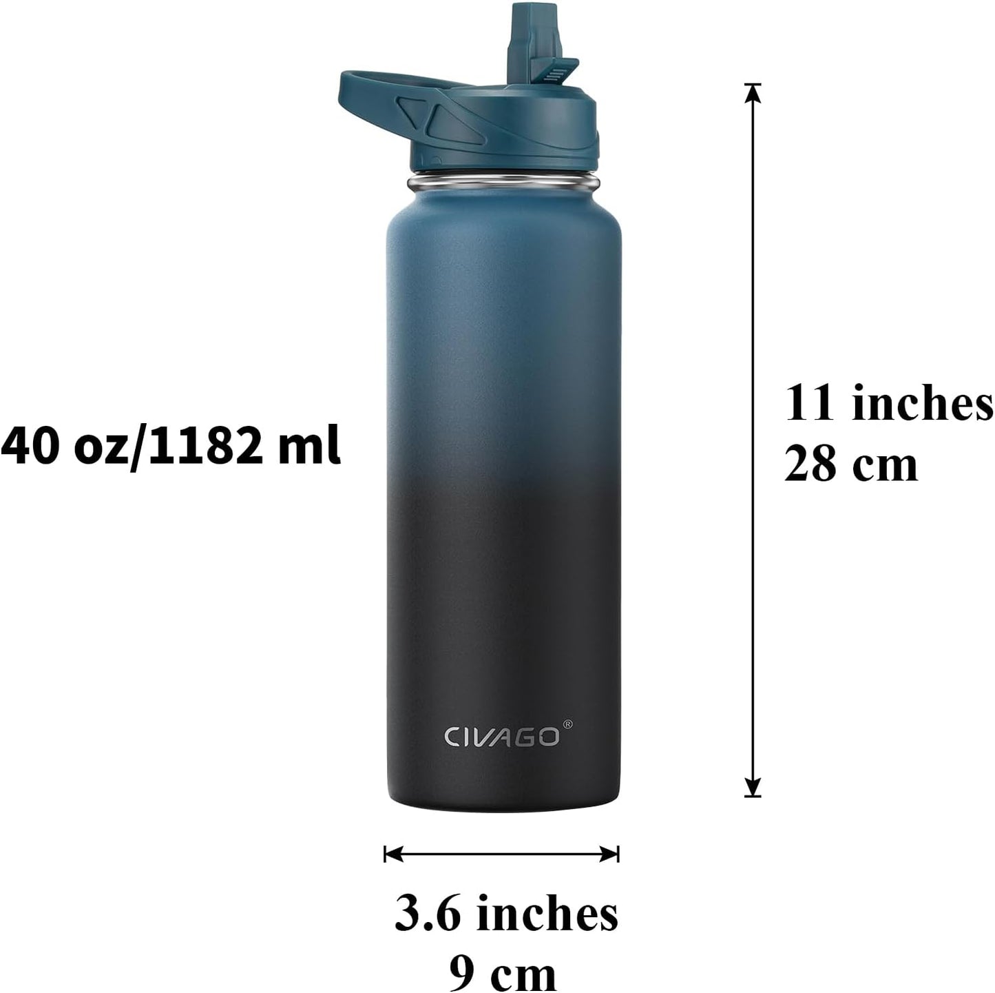 CIVAGO 32 oz Insulated Water Bottle With Straw, Stainless Steel Sports Water Cup Flask with 3 Lids (Straw, Spout and Handle Lid), Wide Mouth Travel Thermal Mug, Black