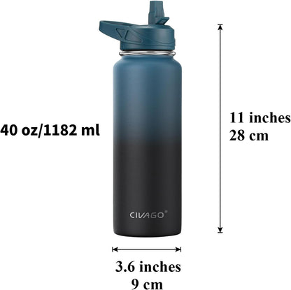 CIVAGO 32 oz Insulated Water Bottle With Straw, Stainless Steel Sports Water Cup Flask with 3 Lids (Straw, Spout and Handle Lid), Wide Mouth Travel Thermal Mug, Black