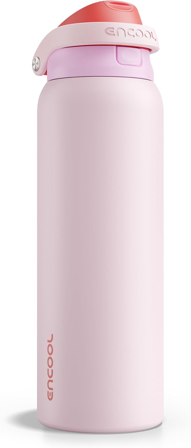 ENCOOL Leakproof Insulated Water Bottle with Straw Dual-Sip Water Bottle Bag-Safe Design for Work, Commute & Gym – Keeps Drinks Cold All Day, 24 oz, Lemonade Pink - Colors A