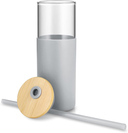 Tronco 24 oz Glass Tumbler with Lids and Straw, Reusable Iced Coffee Cup & Smoothie Cup with Bamboo Lid, Silicone Sleeve, Dishwasher Safe, BPA-Free Borosilicate Glass, 1 Pack