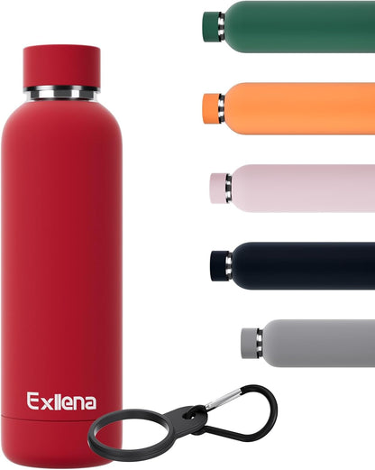 Exllena Slim Insulated Water Bottles for Travel 18oz with Clip, Double Wall Vacuum Stainless Steel Water Bottle Keeps Drinks Cold 24 Hrs/Hot 12 Hrs, 100% Leakproof, BPA Free(Black)