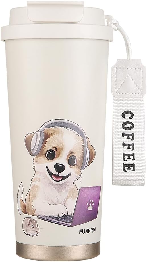 Funkrin Coffee Travel Mug with Straw & Flip Lid, 16oz Insulated Tumbler Cup with Ceramic Coating, Double Wall Vacuum Leak-Proof Mug for Office School Party Camping