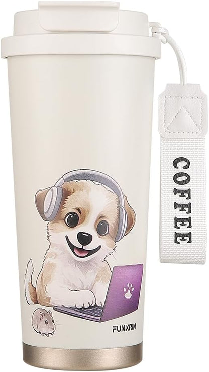 Funkrin Coffee Travel Mug with Straw & Flip Lid, 16oz Insulated Tumbler Cup with Ceramic Coating, Double Wall Vacuum Leak-Proof Mug for Office School Party Camping