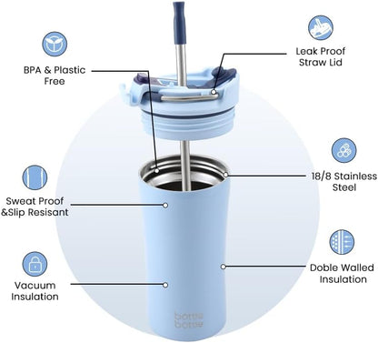 BOTTLE BOTTLE Coffee Tumbler with Dual-use Lid and Straw Double Walled Iced Travel Coffee Mug for Woman and Man 12 oz Stainless Steel Insulated Tumbler with Handle (blue)