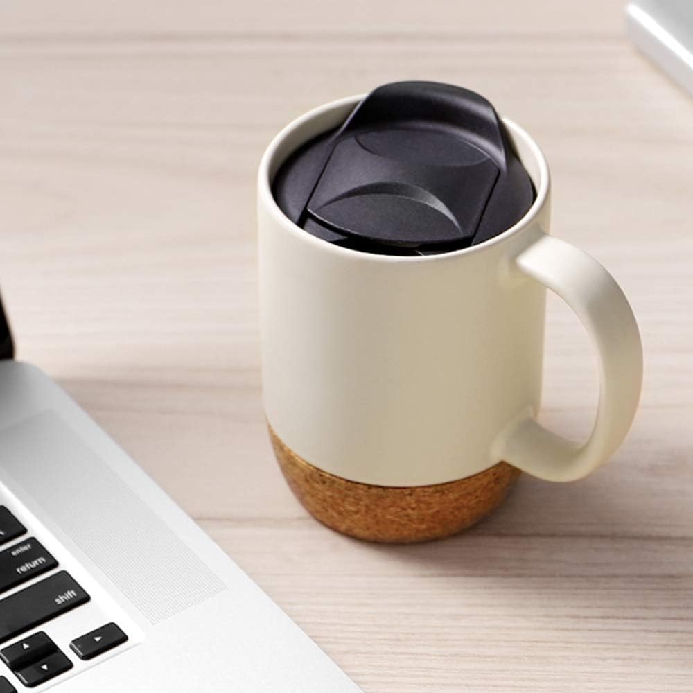 DOWAN Coffee Mugs, 15 oz Mug Set of 2, Large Ceramic Coffee Mug with Cork Bottom and Spill Proof Lid for Mom Dad, Big Mug for Latte Tea, Matte Grey
