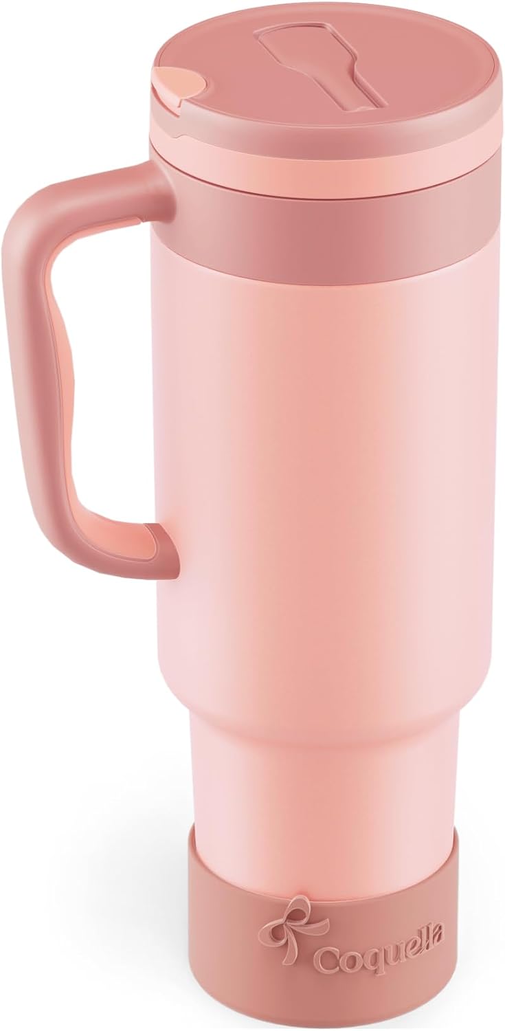 40 oz Insulated Tumbler with Handle and Push-Button Straw Lid, Stainless Steel Travel Cup for Gym Office, Leakproof, BPA-Free, Cup Holder Friendly, Bow Silicone Boot, Purple (Light Lilac)