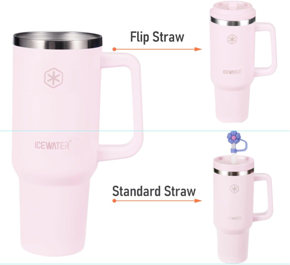 ICEWATER 40 oz Tumbler with 2 Lids (Flip & Standard Straw),100% Leak Proof Insulated Tumbler with Handle, Cup Holder Friendly, Stainless Steel Water Bottle, Gifts for Women & Men (Violet)