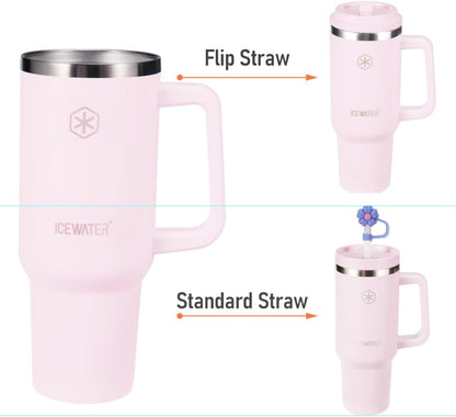 ICEWATER 40 oz Tumbler with 2 Lids (Flip & Standard Straw),100% Leak Proof Insulated Tumbler with Handle, Cup Holder Friendly, Stainless Steel Water Bottle, Gifts for Women & Men (Violet)
