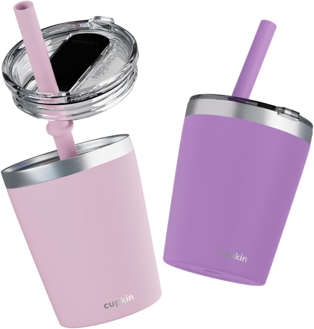 CUPKIN Stainless Steel Insulated Tumbler with Lid and Straw, 20 oz Stainless Steel Cups, Set of 2 Travel Coffee Mug for Adults, Iced Coffee Cup with Lid, Tumbler for Travel (Coral + Yellow)