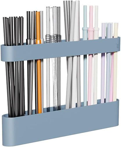 Silicone Straw Holder Self-Adhesive Straw Dispenser with 6 Slots Reusable Drinking Straw Storage Organizer Kitchen Accessories Container for Cabinet Fridge Cupboard Door (Blue)