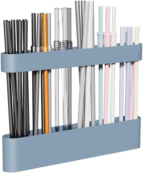 Silicone Straw Holder Self-Adhesive Straw Dispenser with 6 Slots Reusable Drinking Straw Storage Organizer Kitchen Accessories Container for Cabinet Fridge Cupboard Door (Blue)