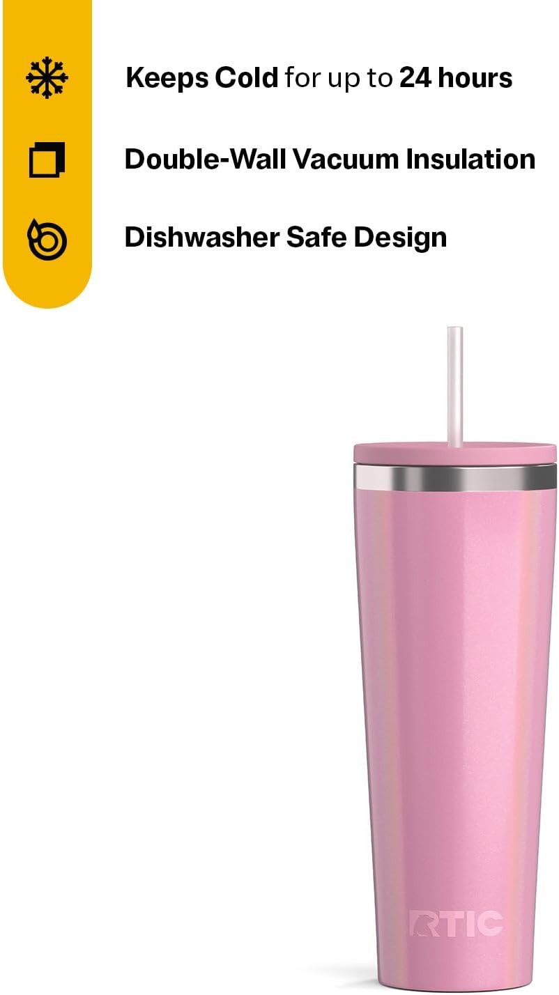 RTIC 20oz Everyday Tumbler Insulated Stainless Steel Portable Travel Coffee Cup with Straw, Ceramic Lining, Spill-Resistant Lid, BPA-Free, Hot and Cold Drink, Beach