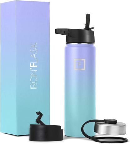IRON °FLASK Camping & Hiking Hydration Flask with Straw, Wide Mouth Insulated Stainless Steel Sports Water Bottle - 22 oz Aurora