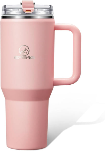 Gpeng 30/40/50 oz Tumbler with Handle, Water Bottles with Straw Lid, Insulated Stainless Steel Travel Mug Cup Holder Friendly, Keep Drinks Cold or Hot for Hours (LightGrey, 50 oz)