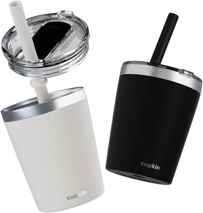 CUPKIN Stainless Steel Insulated Tumbler with Lid and Straw, 20 oz Stainless Steel Cups, Set of 2 Travel Coffee Mug for Adults, Iced Coffee Cup with Lid, Tumbler for Travel (Coral + Yellow)