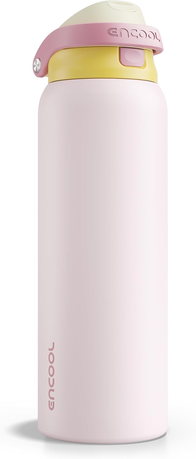 ENCOOL Leakproof Insulated Water Bottle with Straw Dual-Sip Water Bottle Bag-Safe Design for Work, Commute & Gym – Keeps Drinks Cold All Day, 24 oz, Lemonade Pink - Colors B