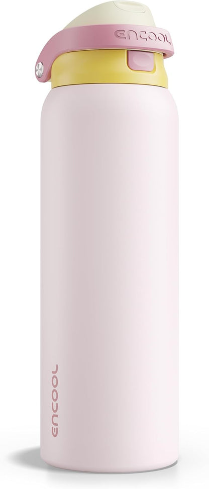 ENCOOL Leakproof Insulated Water Bottle with Straw Dual-Sip Water Bottle Bag-Safe Design for Work, Commute & Gym – Keeps Drinks Cold All Day, 24 oz, Lemonade Pink - Colors B