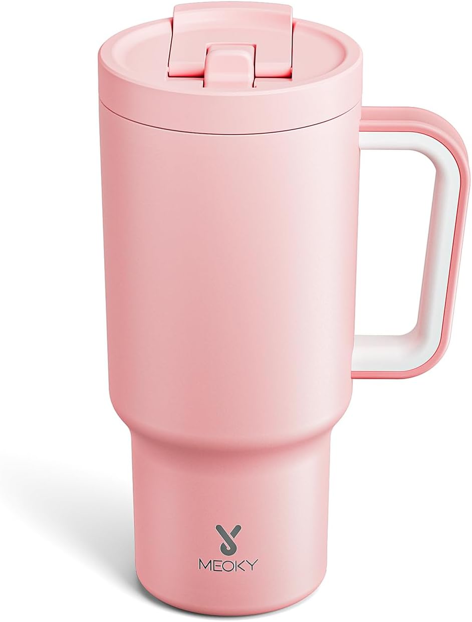 Meoky 32 oz Tumbler with Handle and Flip Straw, 100% Leakproof Tumbler with Lid and Straw, Stainless Steel Insulated Cup, Cupholder Friendly, Keeps Cold for 24 Hours (Night)