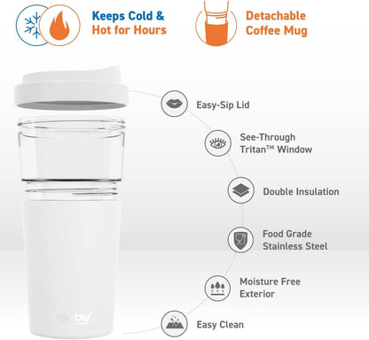 asobu Ultimate Ceramic Travel Mug, 12oz Insulated Stainless Steel Coffee Cup with Handle & Splash-Resistant Lid, Ceramic Lined for Pure Taste, BPA-Free, Double-Wall Vacuum for Hot Drinks