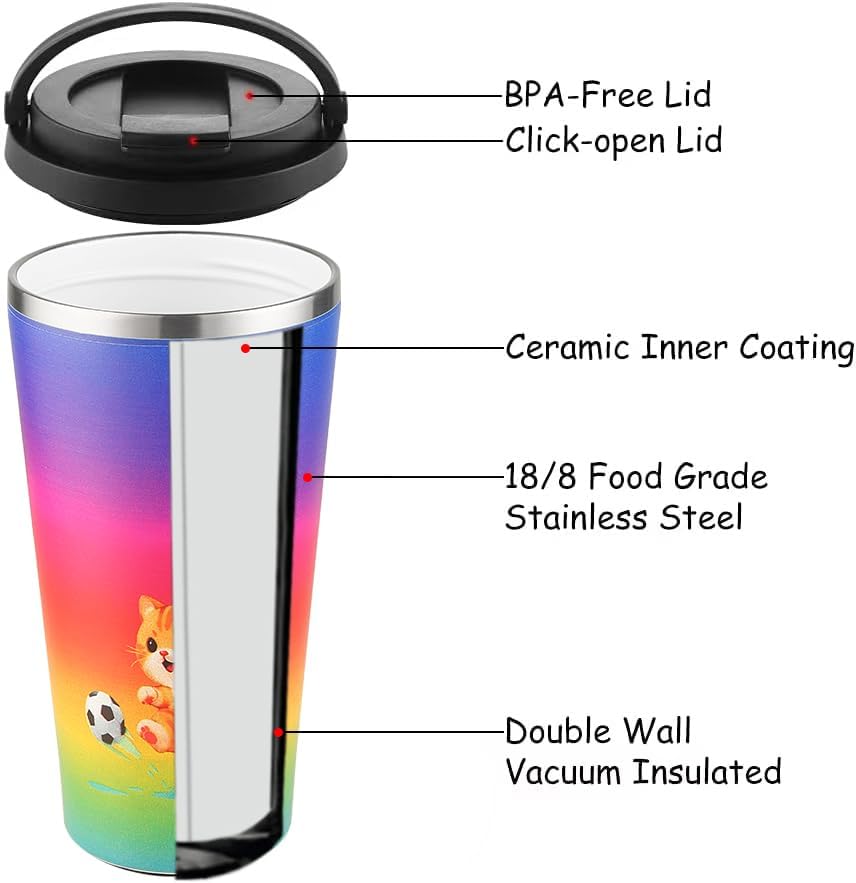 Funkrin Insulated Coffee Mug with Ceramic Coating, 16oz Iced Coffee Tumbler Cup with Flip Lid and Handle, Double Wall Vacuum Leak-Proof Travel Mug for Office School Party Camping